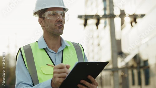 Portrait of man engineer in reflective vest making notes on construction site. Male worker in hardhat records current phase of project holding clipboard while looking away