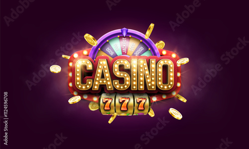 Casino logo with slot machine, wheel of fortune and golden coins. Vector illustration.