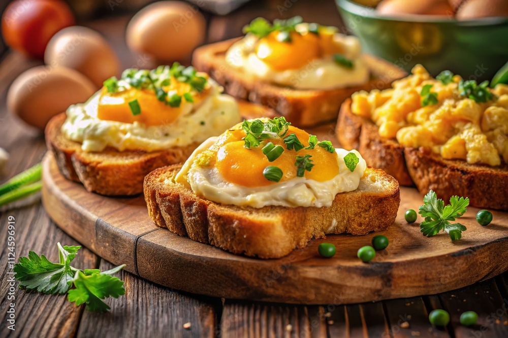 A Delicious Breakfast Spread Featuring Fried Toast and Four Types of Chicken Eggs: Scrambled, Fried, Poached, and Creamed Eggs Perfect for Morning Indulgence A Delicious Breakfast Spread Featuring Fried Toast and Four Types of Chicken Eggs: Scrambled, Fried, Poached, and Creamed Eggs Perfect for Morning Indulgence