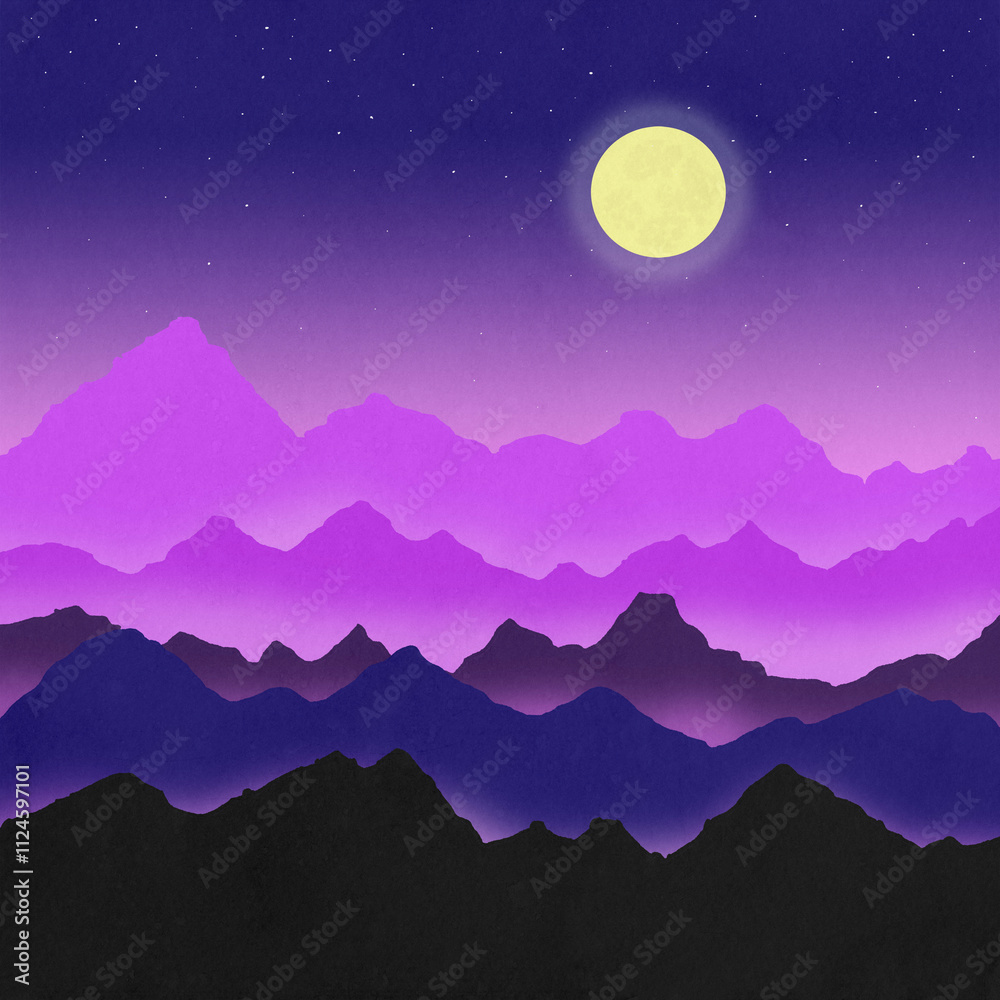 Illustration of a moonlit mountain range with gradients of purple. Illustration of a moonlit mountain range with gradients of purple.