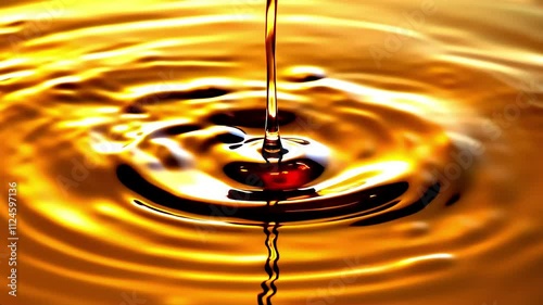 Golden liquid resembling honey or oil pours, creating mesmerizing concentric ripples that spread gracefully across the surface, showcasing a captivating display of motion and texture
