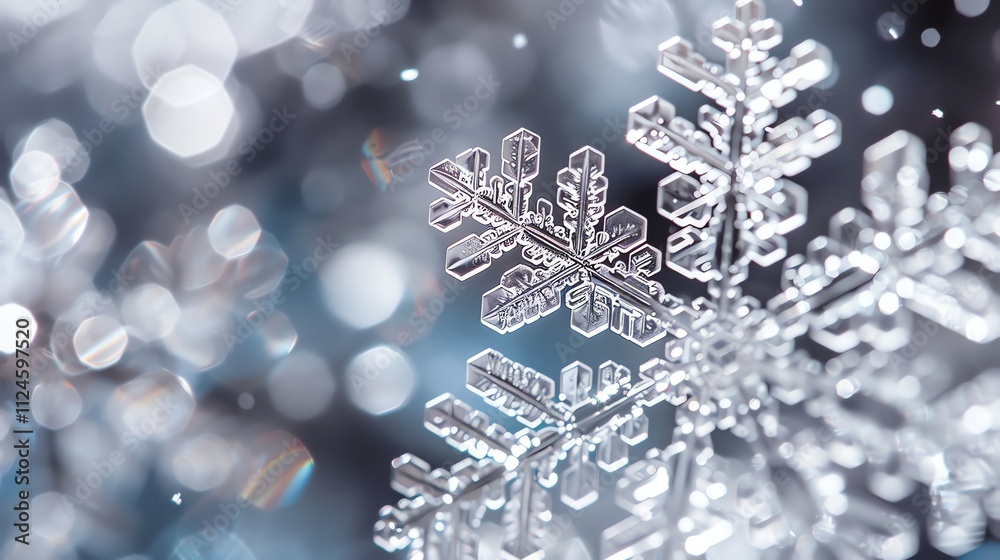 A detailed close-up of a snowflake with bokeh in the background. A detailed close-up of a snowflake with bokeh in the background.