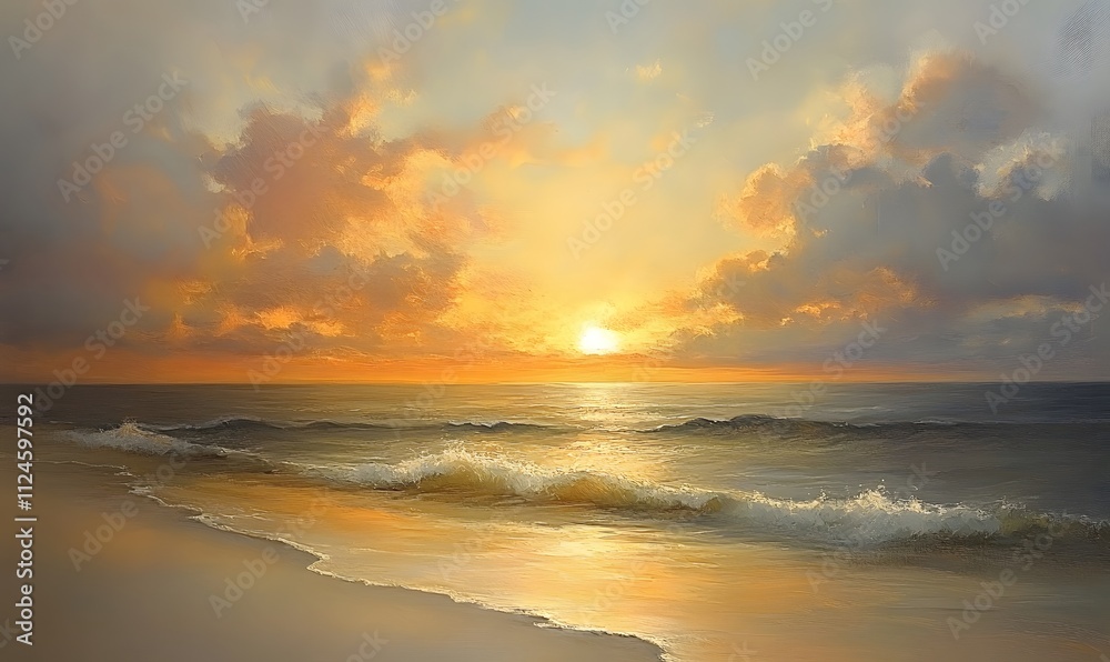 Fototapeta premium Dark clouds fill the sky as the sun sets, casting a somber and melancholic mood over the scene 
