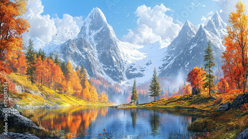 A picturesque alpine autumn landscape, with colorful trees reflected in a tranquil mountain lake and surrounded by towering snow-covered peaks.