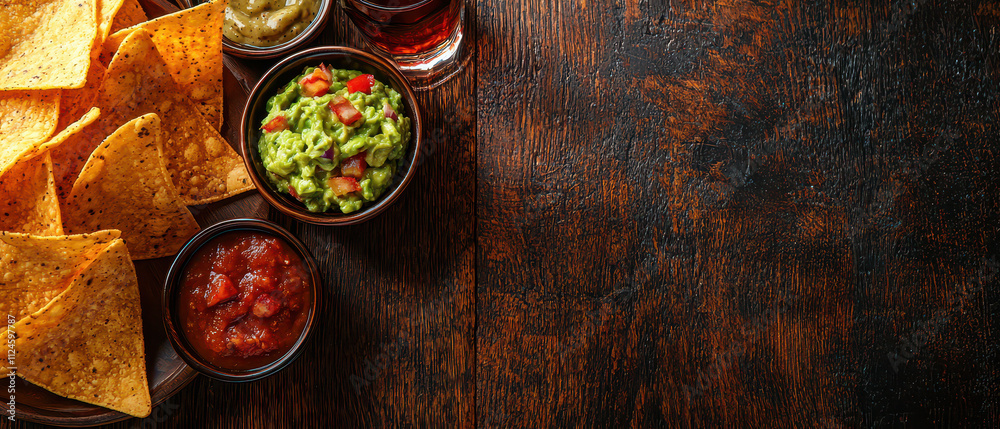 A vibrant assortment of tortilla chips served with guacamole, salsa, and sauces on a rustic wooden table. A vibrant assortment of tortilla chips served with guacamole, salsa, and sauces on a rustic wooden table.