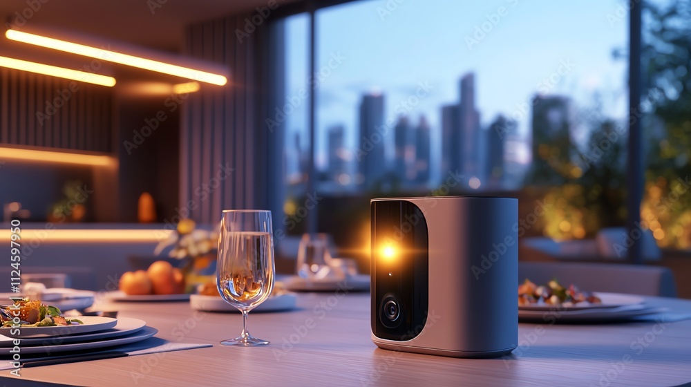 Undertable smart camera for hidden surveillance, glowing in a dining room Undertable smart camera for hidden surveillance, glowing in a dining room