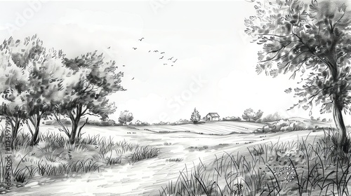 Wallpaper Mural A black and white drawing of a rural landscape with a small house, trees, and a fence. Torontodigital.ca