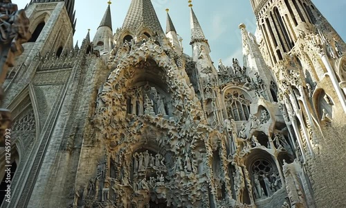 Intricate Stone Facade of Sagrada Fam?lia, Barcelona, showcasing detailed sculptures and architectural grandeur.