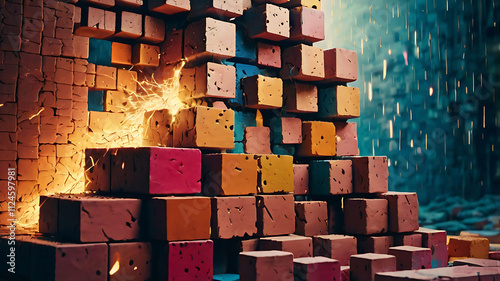 Patterns breaking barriers of stacked blocks through light and darkness, symbolizing emotional well-being and mental health ups and downs