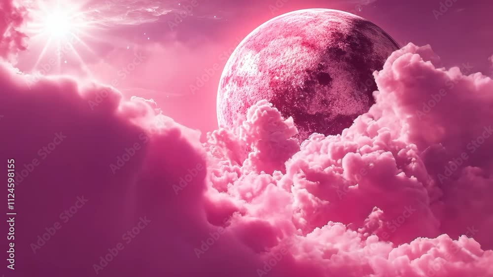 Stunning view of a pink moon amidst vibrant clouds at twilight