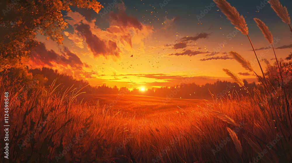 A picturesque autumn evening with a sunset casting golden hues over a field of tall grass and trees, capturing the serenity of the season. A picturesque autumn evening with a sunset casting golden hues over a field of tall grass and trees, capturing the serenity of the season.