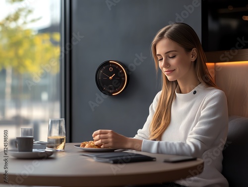 Wallmounted camera disguised as a modern clock, glowing subtly photo
