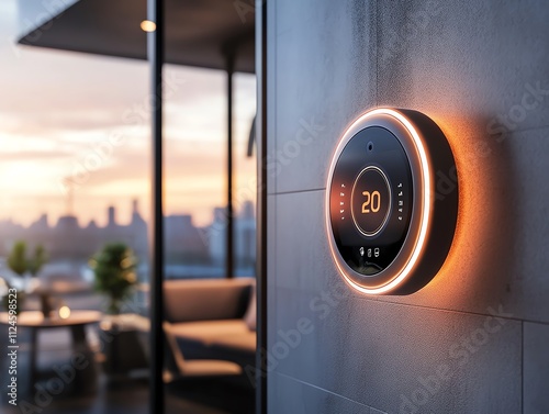 Wallmounted camera disguised as a modern clock, glowing subtly photo