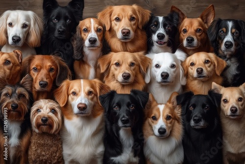 Vibrant Group of Dogs Including Terrier Cairn Shiba Inu Beagle Dalmatian and More in Symmetrical Studio Portrait photo