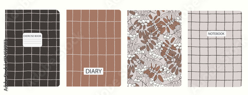 Cover page templates based on patterns with hand drawn rowanberry branches and gridline, toile de jouy style in color 2025 Mocha Mousse. Backgrounds for notebooks, notepads, diaries