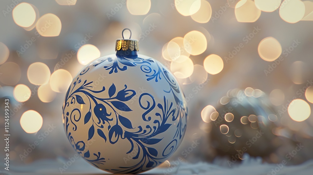 Christmas ball featuring a blue Ukrainian winter design, set against a soft bokeh background