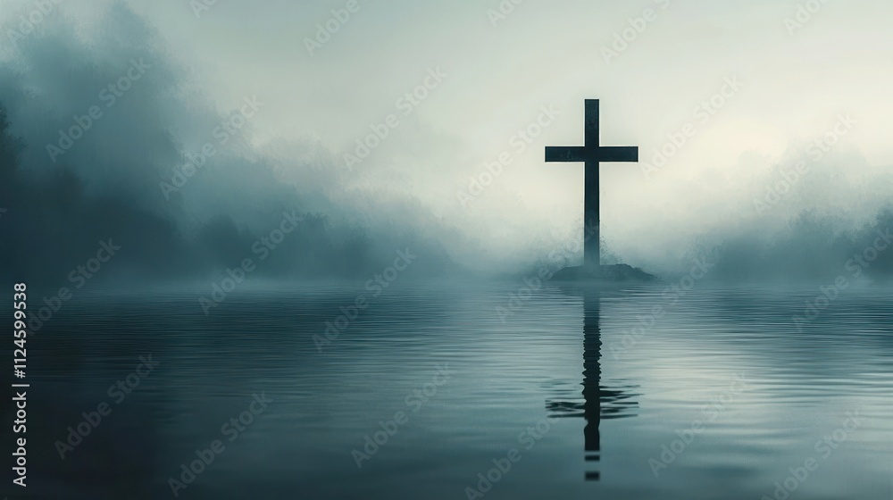 Serene Cross Reflection in Calm Waters Serene Cross Reflection in Calm Waters