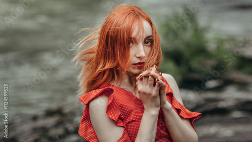 girl with red hair that flutters in the wind. She is wearing a red dress with white polka dots and frills on the shoulders. photo