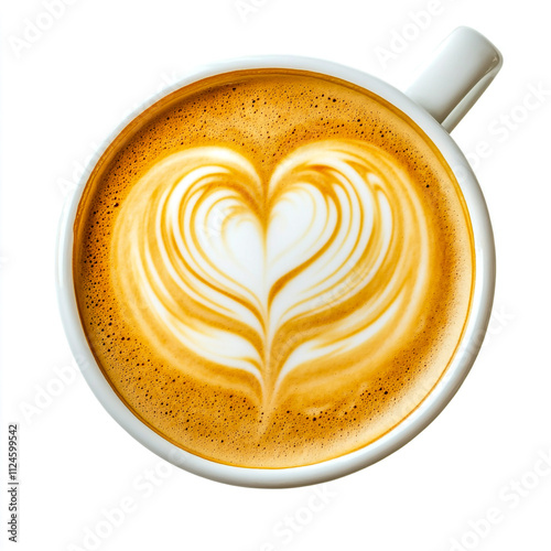 hot coffee latte with heart shaped latte art milk foam isolated on white background. photo