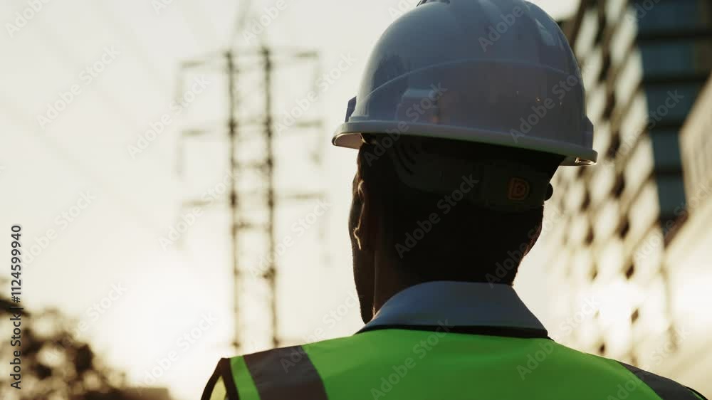 Man engineer in reflective vest puts on headwear looking away. Male worker in protective gear secures hard hat ensuring safety protocols followed in high-risk environments