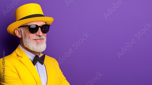 Man in a yellow suit and hat is smiling and wearing sunglasses