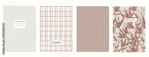Cover page templates based on patterns with hand drawn branches and gridline, toile de jouy style in color 2025 Mocha Mousse. Backgrounds for notebooks, notepads, diaries