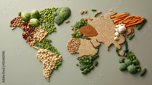 World map created from vegetables and grains, highlighting global food sustainability and healthy diets. World Vegetarian DayWorld map created from vegetables and grains, highlighting global food photo