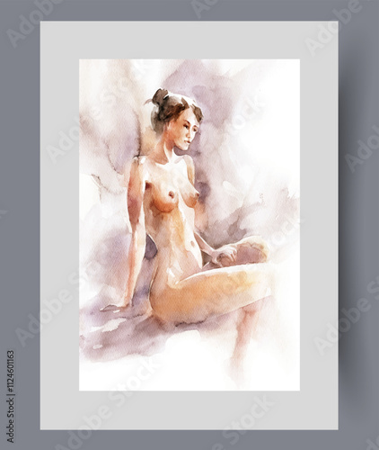 Naked woman nudist sits without clothes, demonstrating openness and lack of shyness on print. Watercolor poster. Artwork with nudist girl in erotic portrait, in frame with decor for wall art