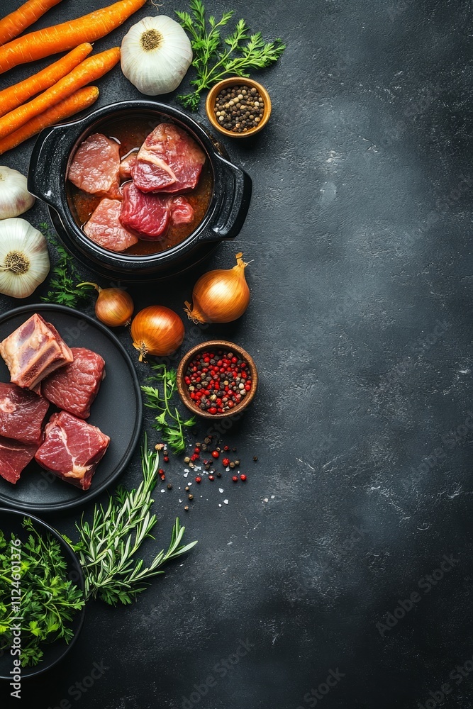 Fresh meats, carrots, onions, and herbs are arranged on a dark countertop, preparing for flavorful crockpot recipes that warm the soul Fresh meats, carrots, onions, and herbs are arranged on a dark countertop, preparing for flavorful crockpot recipes that warm the soul