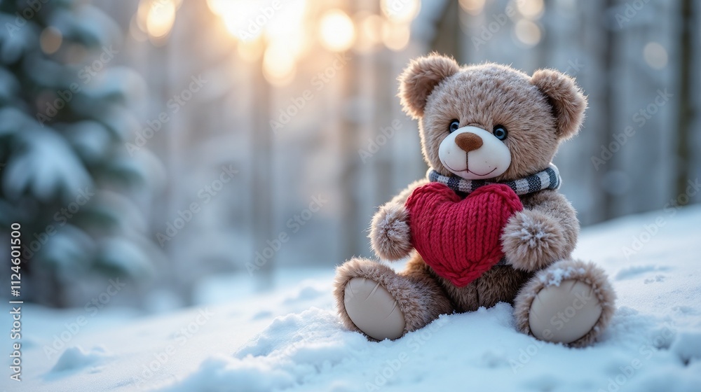 Soft teddy bear holding a red heart sits in the snow, surrounded by a serene winter forest during sunset