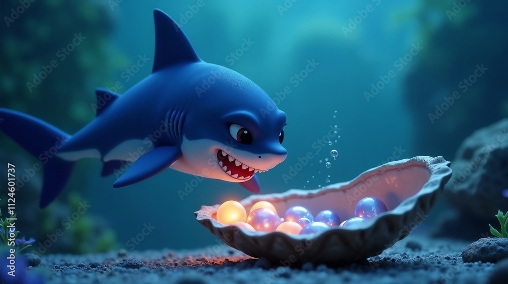 Obraz premium Playful cartoon baby shark discovers colorful pearls in an underwater treasure chest during a bright day in a vibrant ocean environment