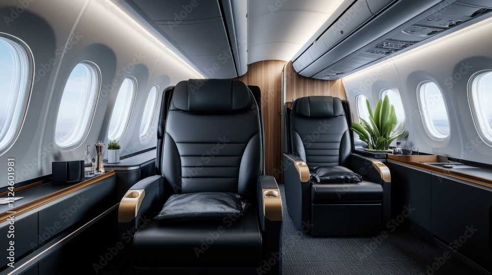 Luxurious Airline Cabin Interior Featuring Elegant Black Leather Recliner Seats and Modern Design Elements with Natural Light and Sophisticated Decor Luxurious Airline Cabin Interior Featuring Elegant Black Leather Recliner Seats and Modern Design Elements with Natural Light and Sophisticated Decor