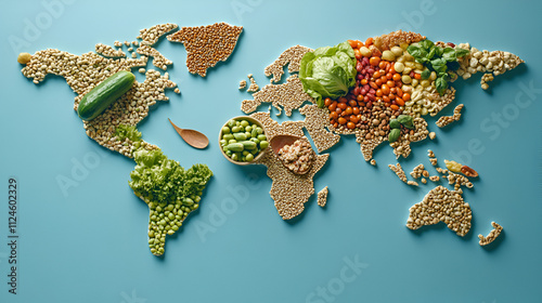 World map created from vegetables and grains, highlighting global food sustainability and healthy diets. World Vegetarian DayWorld map created from vegetables and grains, highlighting global food photo