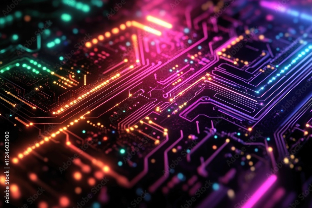 vibrant abstract circuit board design with neon lines and glowing nodes vibrant abstract circuit board design with neon lines and glowing nodes