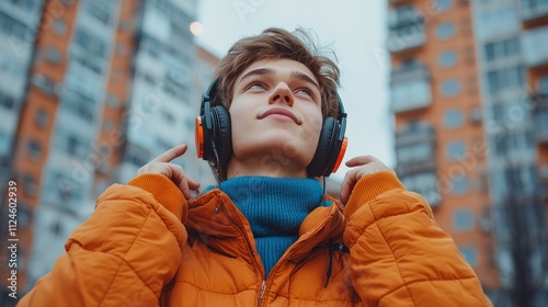 A young man wearing headphones and a blue sweater