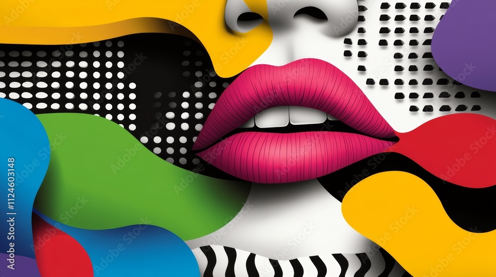 Colorful painting of a woman's face with a red lip. The painting is abstract and has a bold, vibrant feel to it Colorful painting of a woman's face with a red lip. The painting is abstract and has a bold, vibrant feel to it