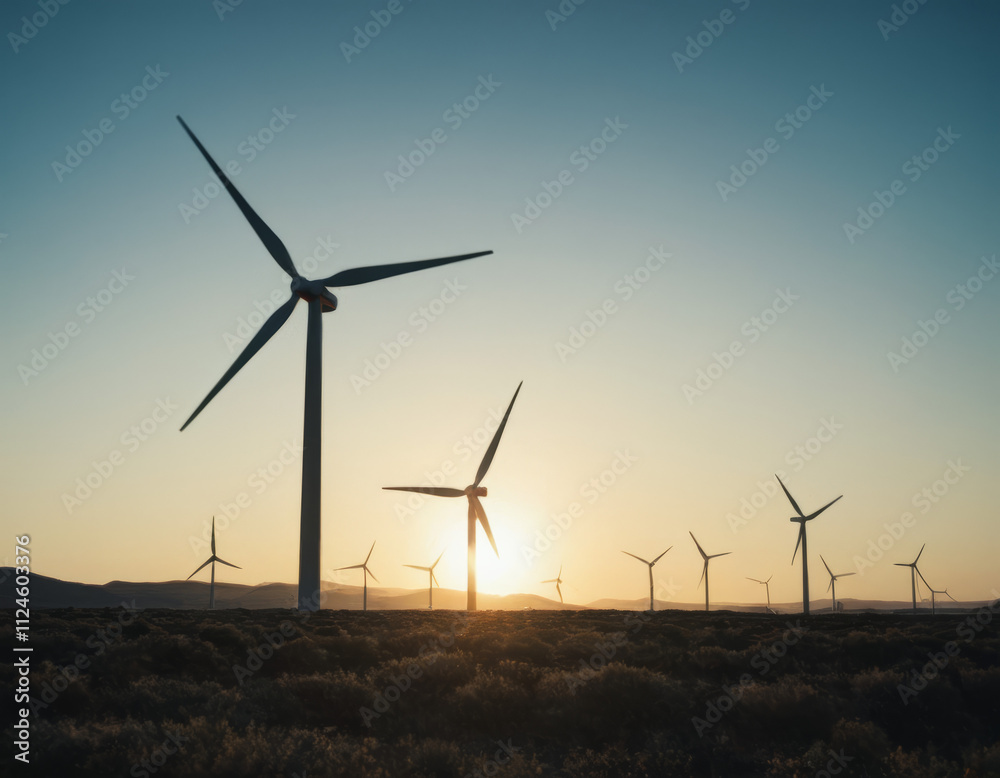 Large wind turbines during sunrise, casting long shadows over the landscape. Large wind turbines during sunrise, casting long shadows over the landscape.