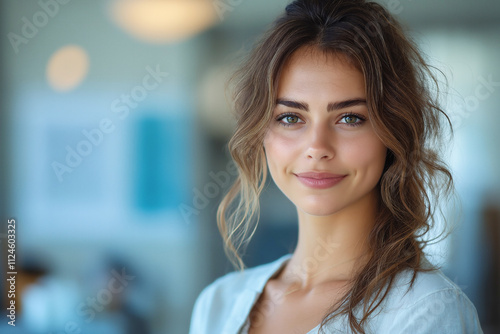 Young woman with captivating smile in a bright modern workspace. Generative AI