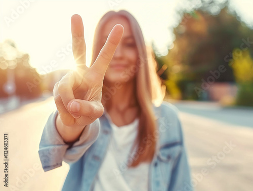 Fingers forming a peace sign behind someone’s head with warm daylight on a bright outdoor scene. photo