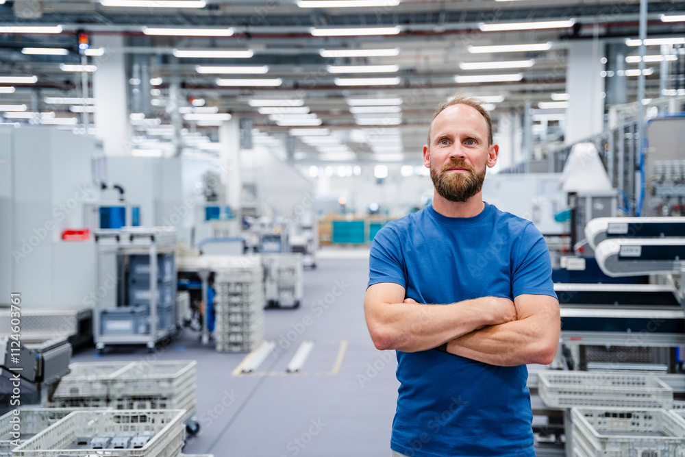 Employee standing in a factory with arms crossed Employee standing in a factory with arms crossed