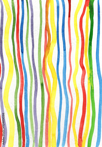 Abstract watercolor painting with colorful wavy stripes.