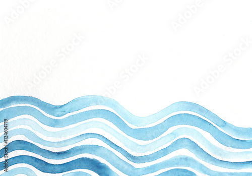 Abstract watercolor painting of blue waves on paper with a sea or ocean motif.