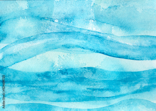 Blue watercolor waves in an abstract sea/ocean motif on paper.