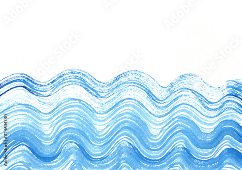 Watercolor painting of blue waves with a sea/ocean motif on a white background.