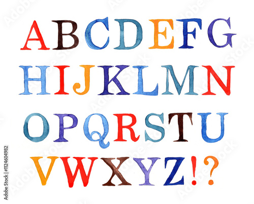 Colorful handpainted watercolor uppercase alphabet.