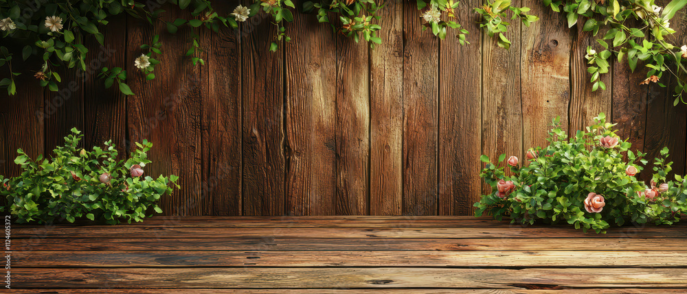 A rustic wooden background adorned with green foliage and colorful flowers, creating a natural and inviting atmosphere. A rustic wooden background adorned with green foliage and colorful flowers, creating a natural and inviting atmosphere.