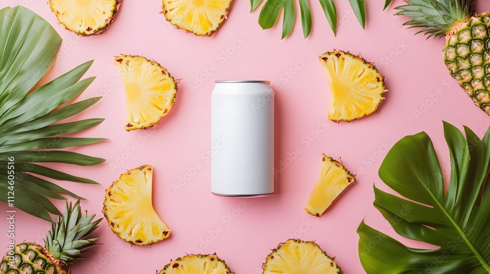 flat lay white can with pink background with tropical fruit slice around it flat lay white can with pink background with tropical fruit slice around it