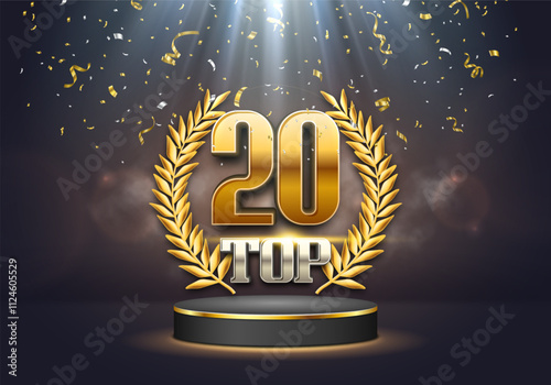 Top 20 award poster. Presentation 20 best on podium with golden laurel wreath and falling confetti. Vector illustration.