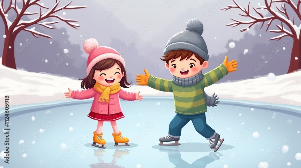 Cheerful Kids Ice Skating on a Frozen Pond in Winter Wonderland Cheerful Kids Ice Skating on a Frozen Pond in Winter Wonderland
