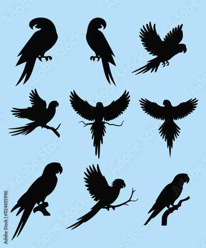 A vector illustration featuring a collection of nine black silhouette parrots in various dynamic poses,